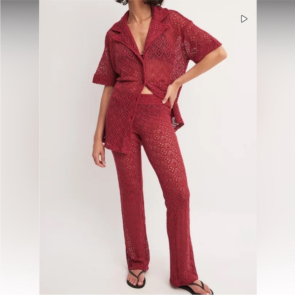 SET - red crochet button up top & pants